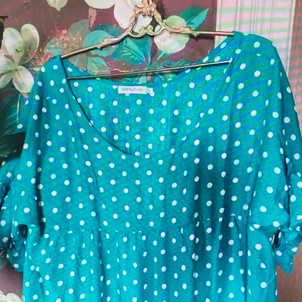MISSLOOK Teal Polka Dot Peplum Tunic - Picture 2 of 5